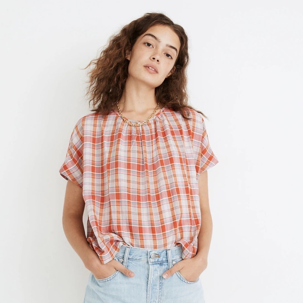 Madewell Orange and White Plaid Short-Sleeve Top
